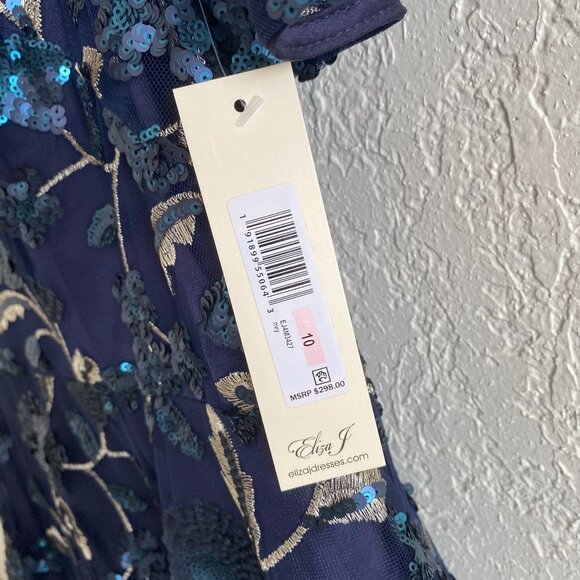 New Eliza J Dress 10 Navy Sequin Floral Embroidery Illusion Fit & Flare Midi NWT - Picture 4 of 14